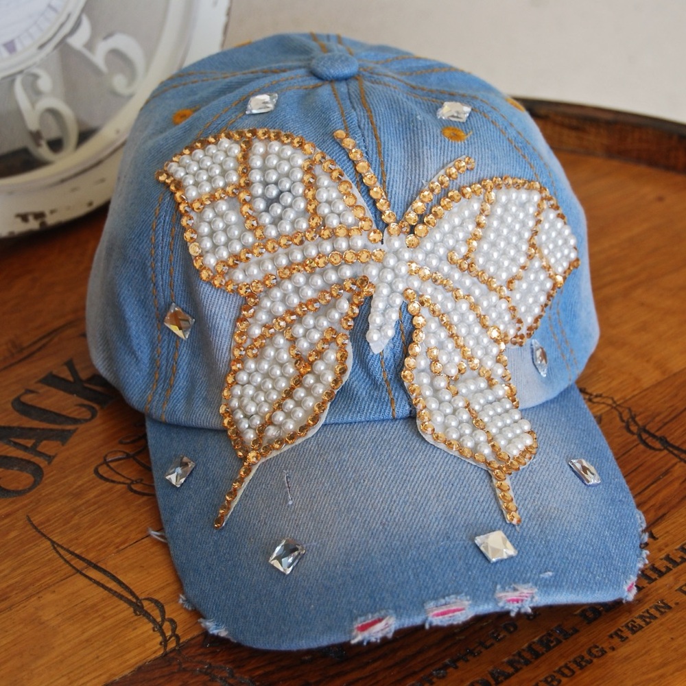Embellished Denim Cap with Butterfly Design